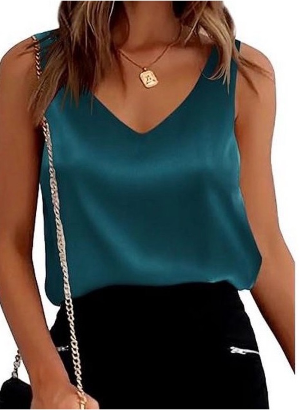 Ekouaer | Satin V-Neck Tank Top | Double-Layer Chest | Teal Blue | Large
